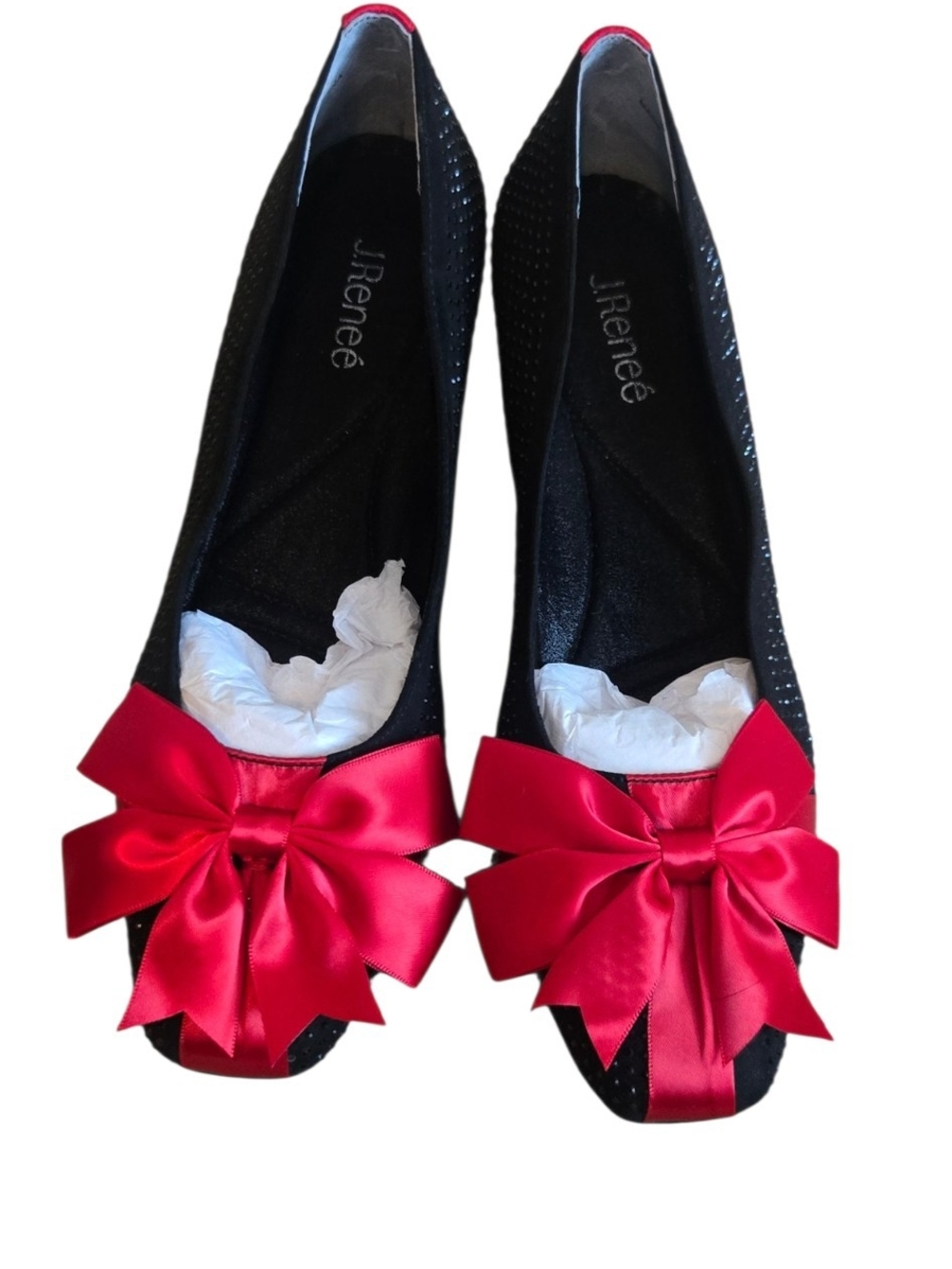 J. Renee Black Sparkle Red Bow Clear Lucite Heel 10M